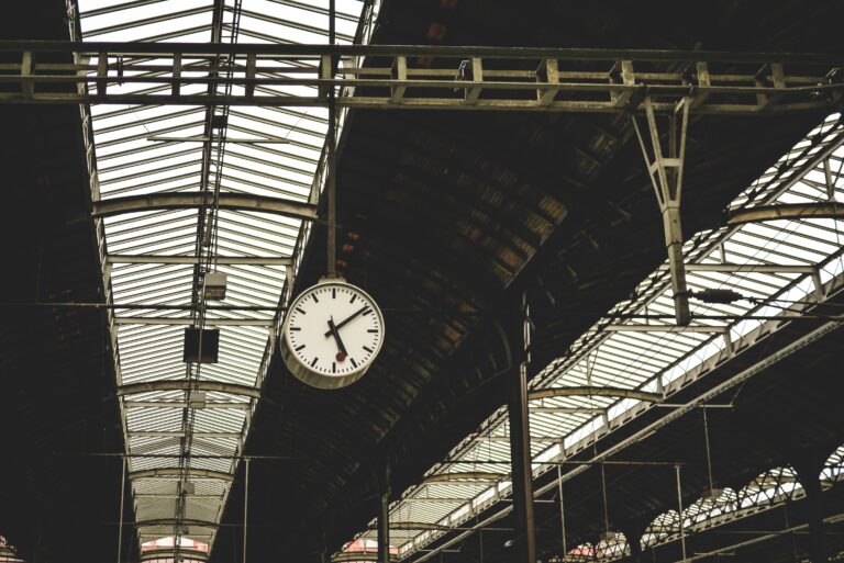 Interior shot of a modern railway station with glass roof and large clock.
